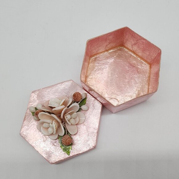 Hexagon Pink Decorative Box With Floral Shell Design - Picture 7 of 8